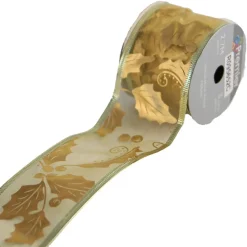 The Christmas Shop Gold Ribbon With Holly Leaf Design| Ribbon|Gold Theme