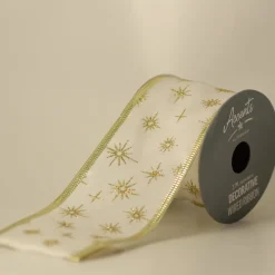 The Christmas Shop Ivory Ribbon With Gold Glitter Stars| Ribbon|Gold Theme